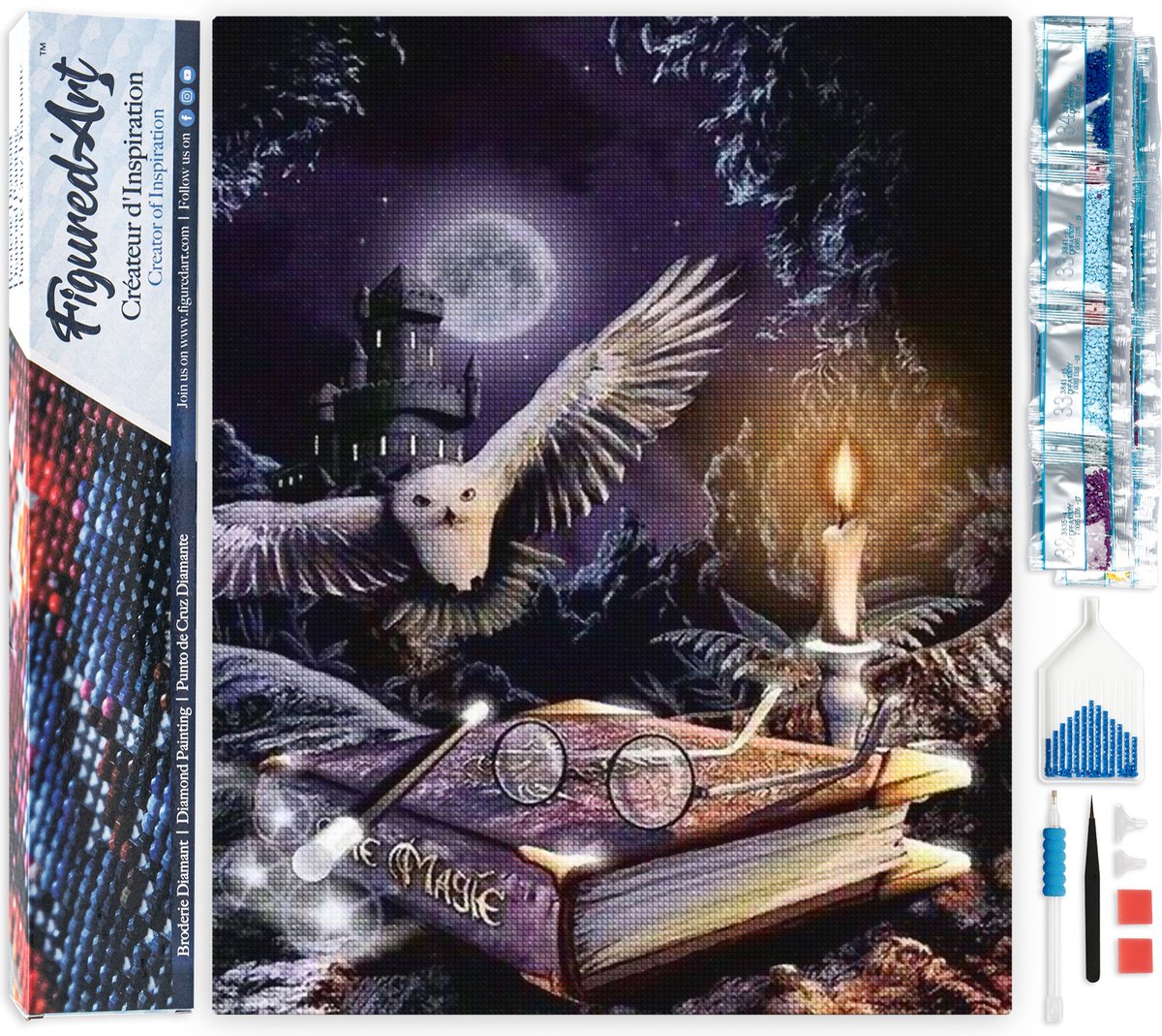 FiguredArt Diamond Painting set Volwassenen 40x50 cm Magische Uil - 5D DIY Art full drill vierkante diamant - Opgerold canvas